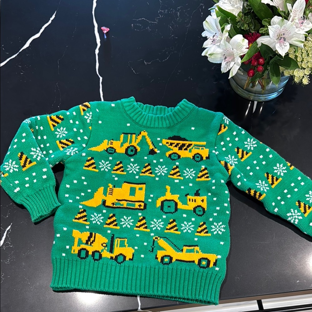Kids Green Construction Vehicle Sweater
